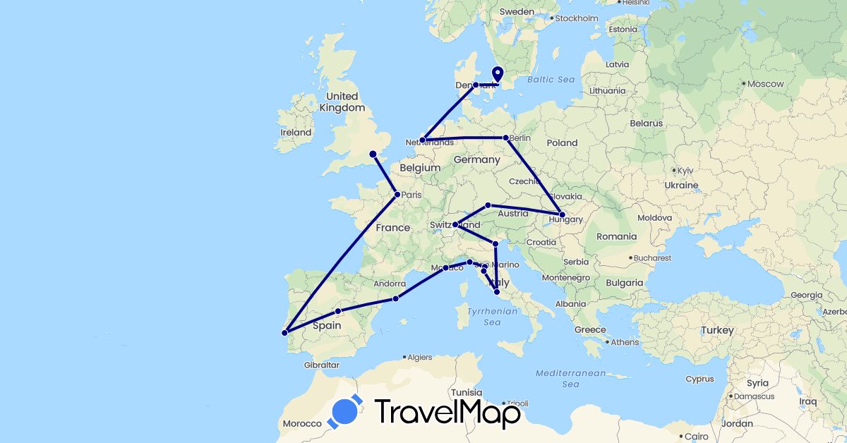TravelMap itinerary: driving in Switzerland, Germany, Denmark, Spain, France, United Kingdom, Hungary, Italy, Netherlands, Portugal (Europe)